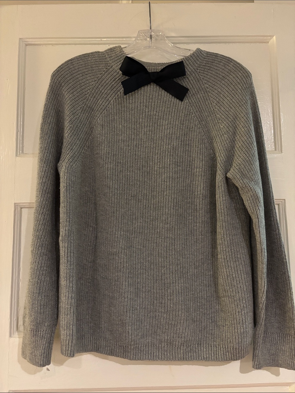 J. Crew Gray Crewneck Sweater with Black Bow Audrey Hepburn Look
